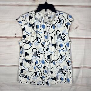 Lands End Top Womens Small Blue Printed Blouse Cap Sleeve Elastic Neck Knit
